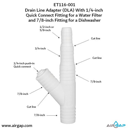 Main product image of Drain Line Adapter, 1/4" Push In Inlet for Reverse Osmosis Water Filter and 7/8" Inlet for Dishwasher