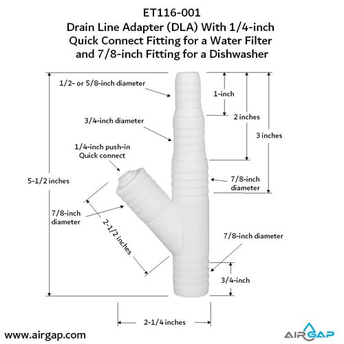 Main product image of Drain Line Adapter, 1/4" Push In Inlet for Reverse Osmosis Water Filter and 7/8" Inlet for Dishwasher
