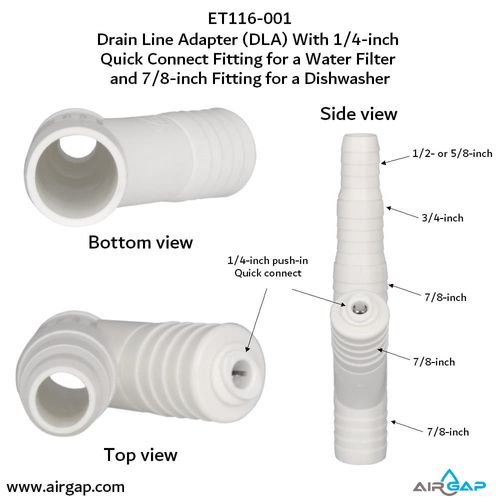 Main product image of Drain Line Adapter, 1/4" Push In Inlet for Reverse Osmosis Water Filter and 7/8" Inlet for Dishwasher