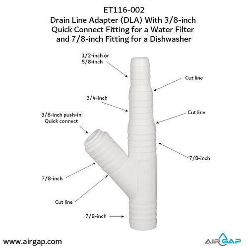 Main product image of Drain Line Adapter, 3/8" Push In Inlet for Reverse Osmosis Water Filter and 7/8" Barb Insert Inlet for Dishwasher