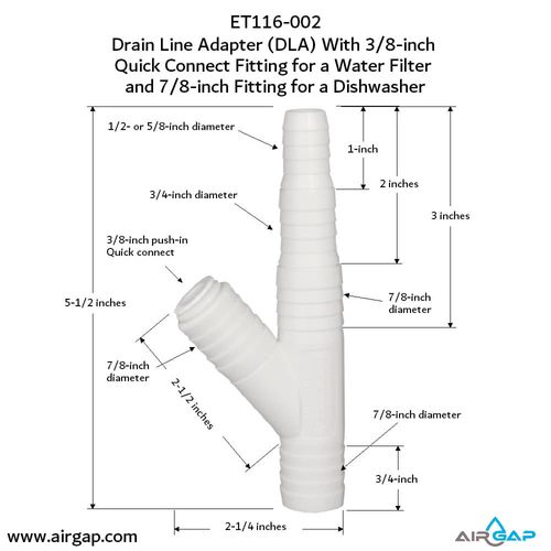 Main product image of Drain Line Adapter, 3/8" Push In Inlet for Reverse Osmosis Water Filter and 7/8" Barb Insert Inlet for Dishwasher