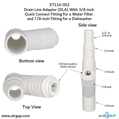 Main product image of Drain Line Adapter, 3/8" Push In Inlet for Reverse Osmosis Water Filter and 7/8" Barb Insert Inlet for Dishwasher