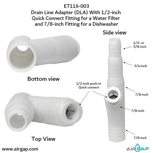 Main product image of Drain Line Adapter, 1/2" Push In Inlet for Reverse Osmosis Water Filter and 7/8" Barb Insert Inlet for Dishwasher