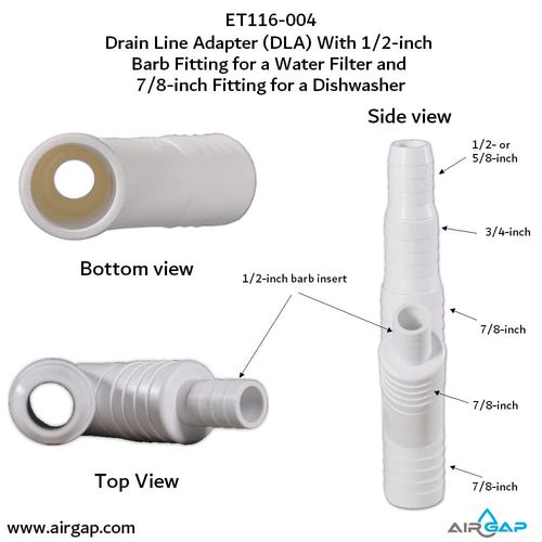 Main product image of Drain Line Adapter, 1/2" Barb Insert Inlet for Reverse Osmosis Water Filter and 7/8" Barb Insert Inlet for Dishwasher