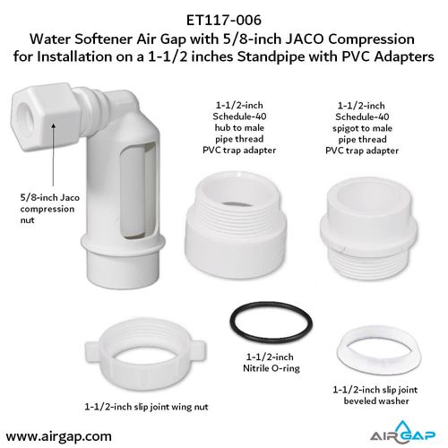 Main product image of Air Gap For Water Softener and Water Filter w/ PVC Trap Adapter, 5/8" Jacko Compression Inlet