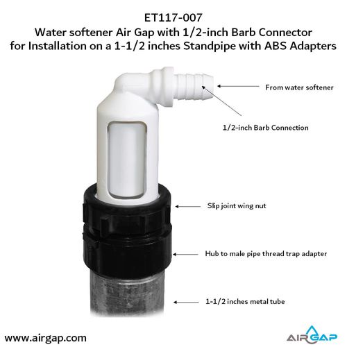 Main product image of Air Gap For Water Softener and Water Filter w/ ABS Trap Adapter, 1/2" Barb Insert Inlet