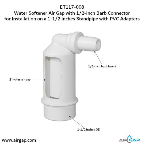 Main product image of Air Gap For Water Softener and Water Filter w/ PVC Trap Adapter, 1/2" Barb Insert Inlet