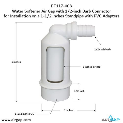 Main product image of Air Gap For Water Softener and Water Filter w/ PVC Trap Adapter, 1/2" Barb Insert Inlet