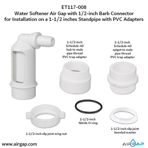 Main product image of Air Gap For Water Softener and Water Filter w/ PVC Trap Adapter, 1/2" Barb Insert Inlet