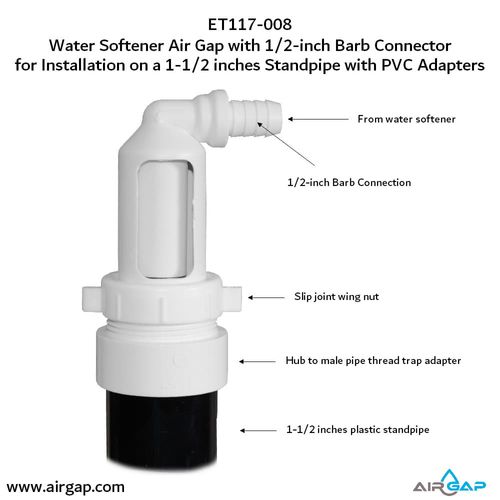 Main product image of Air Gap For Water Softener and Water Filter w/ PVC Trap Adapter, 1/2" Barb Insert Inlet
