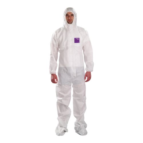 Main product image of AlphaTec 1500 Model 106 Chemical Resistant Coveralls w/ Hood & Attached Boots, White, Small (Pack of 25)