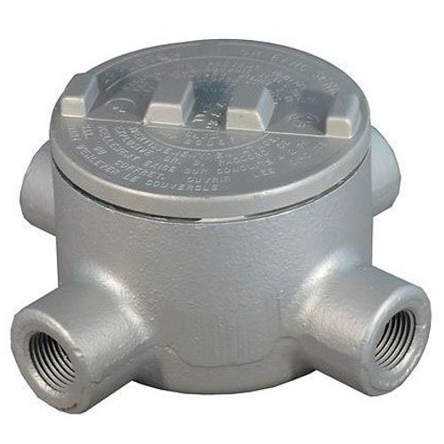 Main product image of 3-3/8" Dia., 3/4" Hub, 4 Outlets, GRT Malleable Iron Round Conduit Outlet Box