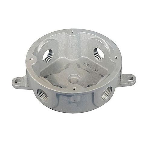Main product image of 4.5" Dia., 3/4" Hub, 4 Outlet, JBDx Malleable Iron Round Conduit Outlet Box w/ Mounting Lugs