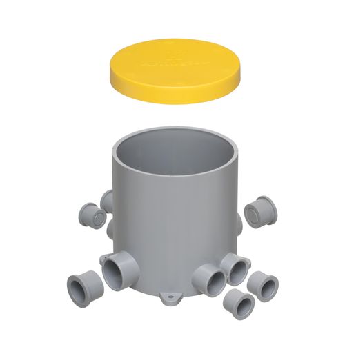 Main product image of 5-1/2" Round Non-Metallic Floor Box w/ Six Conduit Hubs & Four Plugs (Gray)