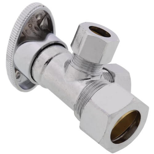 Main product image of 1/2" Nom Compression (5/8" OD)  x 3/8" OD Compression x 3/8" OD Compression Multi Turn Dual Angle Stop, Lead Free (Chrome)