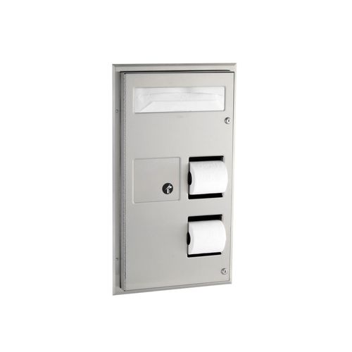 Main product image of B-357 Partition-mounted, Seat-cover Dispenser, Sanitary Napkin Disposal and Toilet Tissue Dispenser (Satin)
