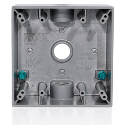 Main product image of 2-Gang Die-Cast Weatherproof Box w/ Three 1/2" Diameter Outlets, Includes Mounting Hardware and Inserts to Cover Unused Openings, GRAY