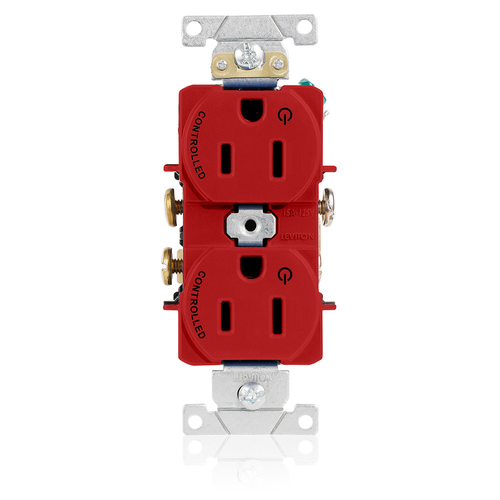Main product image of Duplex Receptacle Outlet,  Two Outlets Marked "Controlled", Smooth Face, 15A, 125V Back or Side Wire, NEMA 5-15R, 2-Pole, 3-Wire, Self-Grounding, Red