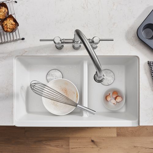 Main product image of Ikon SILGRANIT 33" Double Bowl Apron-Front Farmhouse Sink with Low Divide - White, 402324