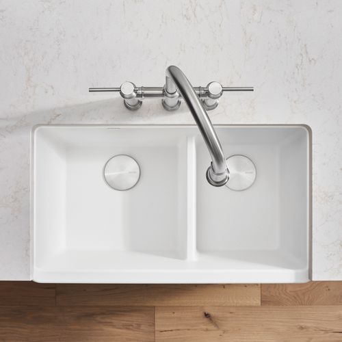 Main product image of Ikon SILGRANIT 33" Double Bowl Apron-Front Farmhouse Sink with Low Divide - White, 402324