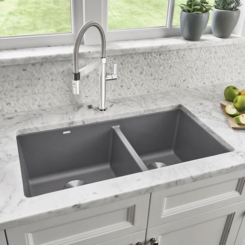 Main product image of Precis SILGRANIT 33" 60/40 Double Bowl Undermount Kitchen Sink - Metallic Gray, 441130