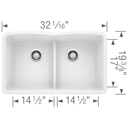 Main product image of Diamond SILGRANIT 32" 50/50 Double Bowl Undermount Kitchen Sink with Low Divide - White, 442074