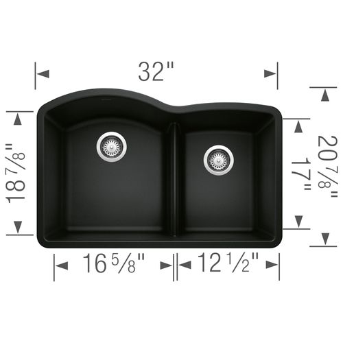 Main product image of Diamond SILGRANIT 32" 60/40 Double Bowl Undermount Kitchen Sink with Low Divide - Coal Black, 442910