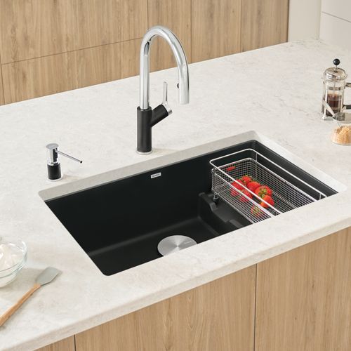 Main product image of Precis Cascade SILGRANIT 29" Single Bowl Undermount Kitchen Sink with Colander - Coal Black, 442934
