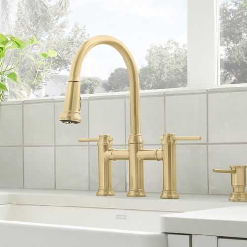 Main product image of Empressa Pull-Down Dual-Spray Bridge Faucet - Satin Gold, 442981