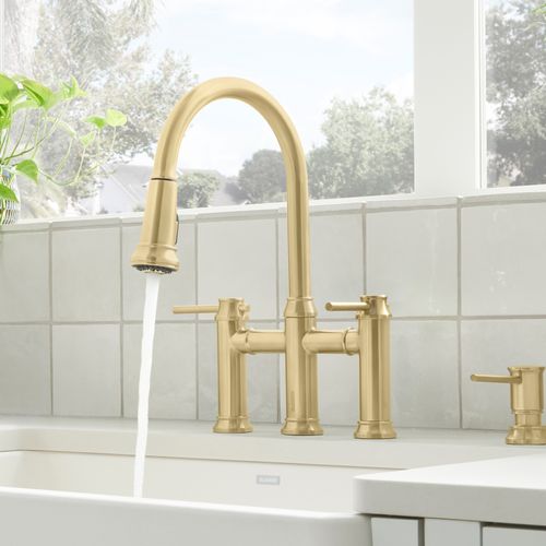Main product image of Empressa Pull-Down Dual-Spray Bridge Faucet - Satin Gold, 442981