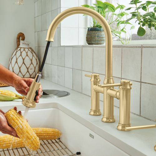 Main product image of Empressa Pull-Down Dual-Spray Bridge Faucet - Satin Gold, 442981