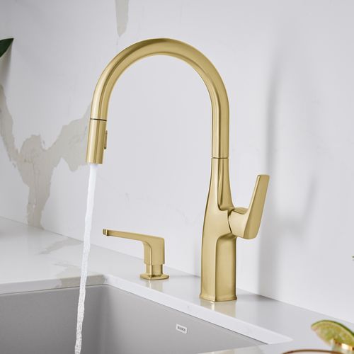 Main product image of Rivana High-Arc Pull-Down Dual-Spray Kitchen Faucet - Satin Gold, 442985