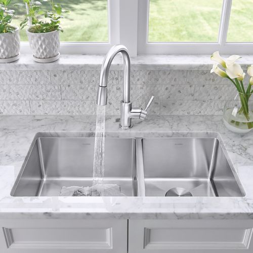 Main product image of Quatrus R15 33" 60/40 Double Bowl Undermount Stainless Steel Kitchen Sink, 443150