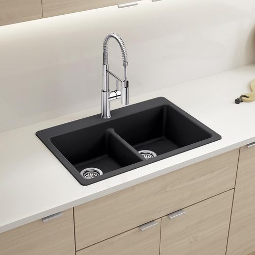 Main product image of Liven SILGRANIT 33" 50/50 Double Bowl Dual Mount Kitchen Sink w/ Low Divide, 443202 (Coal Black)