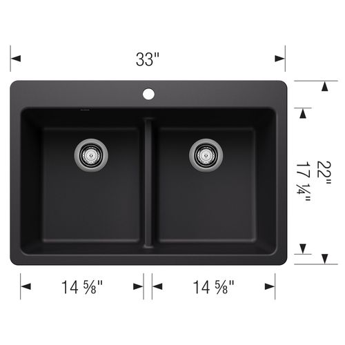 Main product image of Liven SILGRANIT 33" 50/50 Double Bowl Dual Mount Kitchen Sink w/ Low Divide, 443202 (Coal Black)