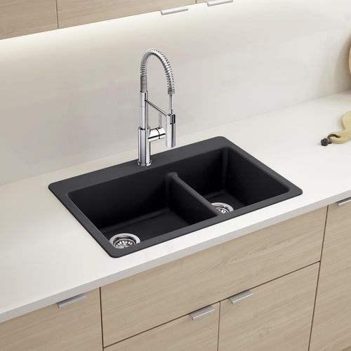 Main product image of Liven SILGRANIT 33" 60/40 Double Bowl Dual Mount Kitchen Sink w/ Low Divide, 443210 (Coal Black)