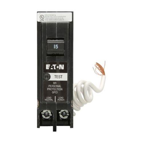 Main product image of 1-Pole BR GFCI Circuit Breaker, Plug-In, 10 kAIC, 5 mA, Pigtail, UL Only (15A, 120/240V)