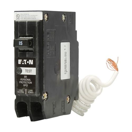 Main product image of 1-Pole BR GFCI Circuit Breaker, Plug-In, 10 kAIC, 5 mA, Pigtail, UL Only (15A, 120/240V)