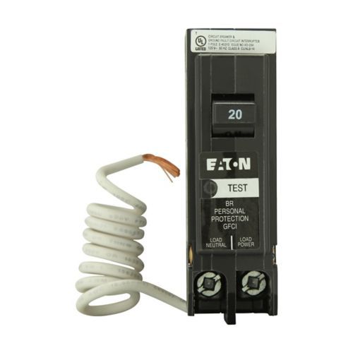 Main product image of 1-Pole BR GFCI Circuit Breaker, Plug-In, 10 kAIC, 5 mA, Pigtail, UL Only (20A, 120/240V)