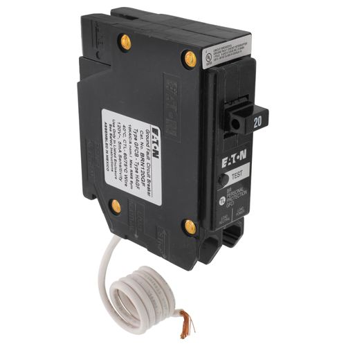 Main product image of 1-Pole BR GFCI Circuit Breaker, Plug-In, 10 kAIC, 5 mA, Pigtail, UL Only (20A, 120/240V)