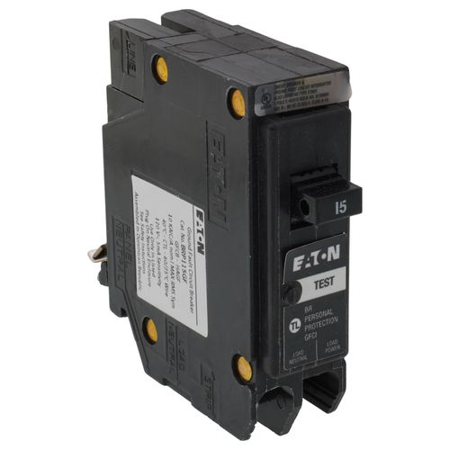 Main product image of 1-Pole BR GFCI Plug-In Ground Fault Circuit Breaker, Plug-On Neutral, 10 kAIC, 5mA (15A, 120/240V)
