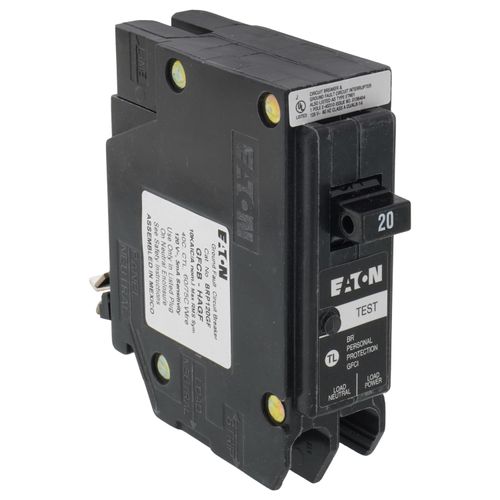 Main product image of 1-Pole BR GFCI Plug-In Ground Fault Circuit Breaker, Plug-On Neutral, 10 kAIC, 5mA (20A, 120/240V)