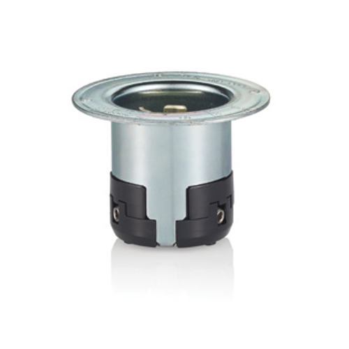 Main product image of 50A, 250V DC/600V AC, Non-NEMA, 2P, 3W (Black) & White Locking Flanged Inlet Receptacle, Grounding (Gray Metal)