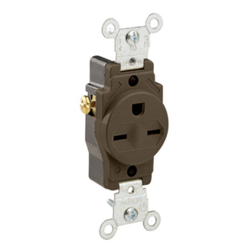 Main product image of Single Receptacle Outlet,  Smooth Face, 15A, 250V Side Wire, NEMA 6-15R, 2-Pole, 3-Wire, Self-Grounding (Brown)
