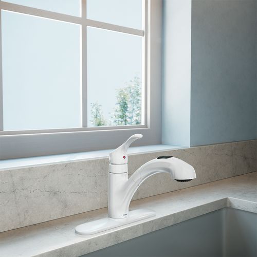 Main product image of Renzo One-Handle Low Arc Pullout Kitchen Faucet, CA87316W (Glacier)