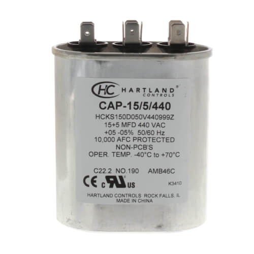Main product image of 15/5 MFD Oval Dual Motor Run Capacitor (370/440V)