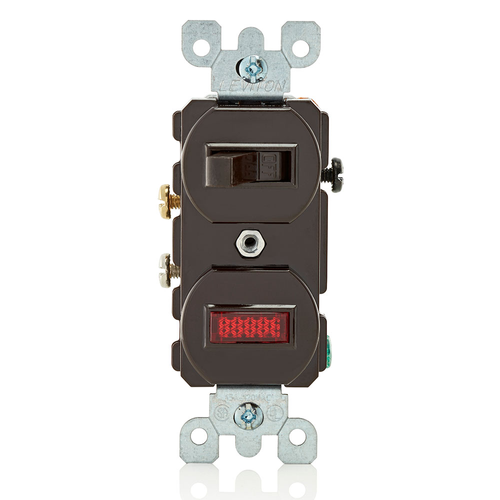 Main product image of 15A, 120V Duplex Style Single-pole/Neon Pilot AC Combo Switch, Commercial Grade, Non-grounding, Side Wired (Brown)