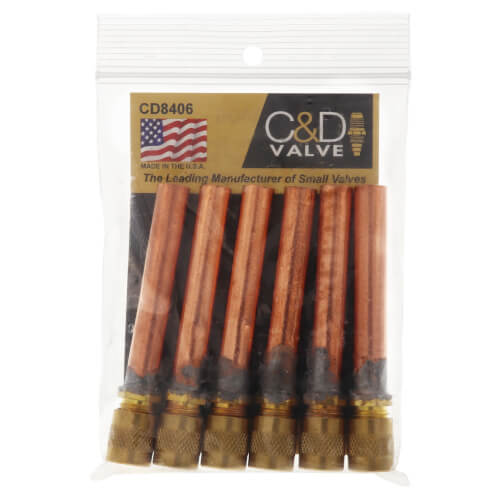 Main product image of 1/4" M. Flare Access Fitting w/ 3/8" Copper Tube Extension, w/ 1/4" Brass Cap and Valve Core (Pack of 6)