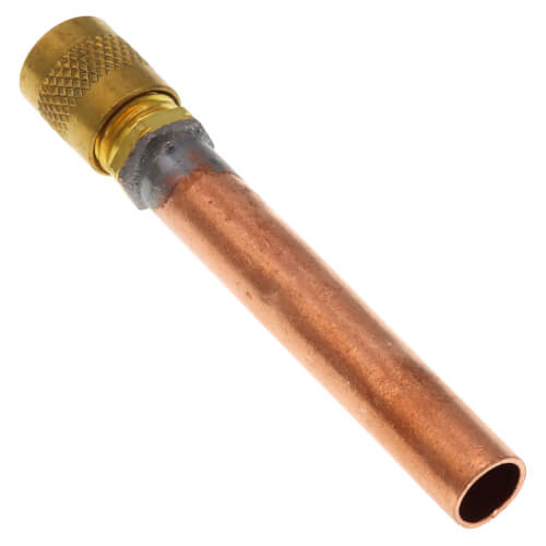 Main product image of 1/4" M. Flare Access Fitting w/ 3/8" Copper Tube Extension, w/ 1/4" Brass Cap and Valve Core (Pack of 6)