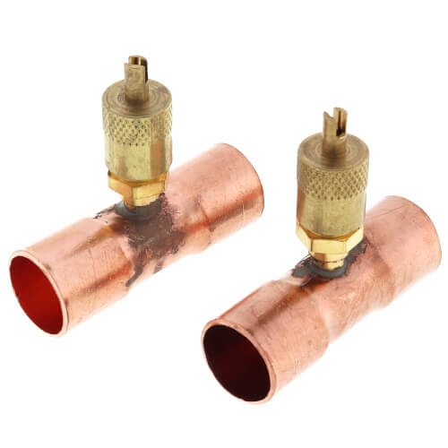 1/4" Flare Copper Access Tee on 5/8" Copper Tube w/ 1/4" Flare Brass Wrench Cap and Valve Core (Pack of 2)
